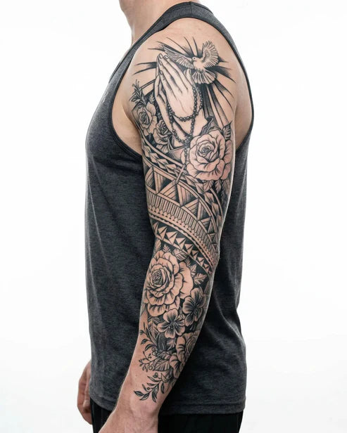 Praying Hands, Dove & Tribal Roses Sleeve